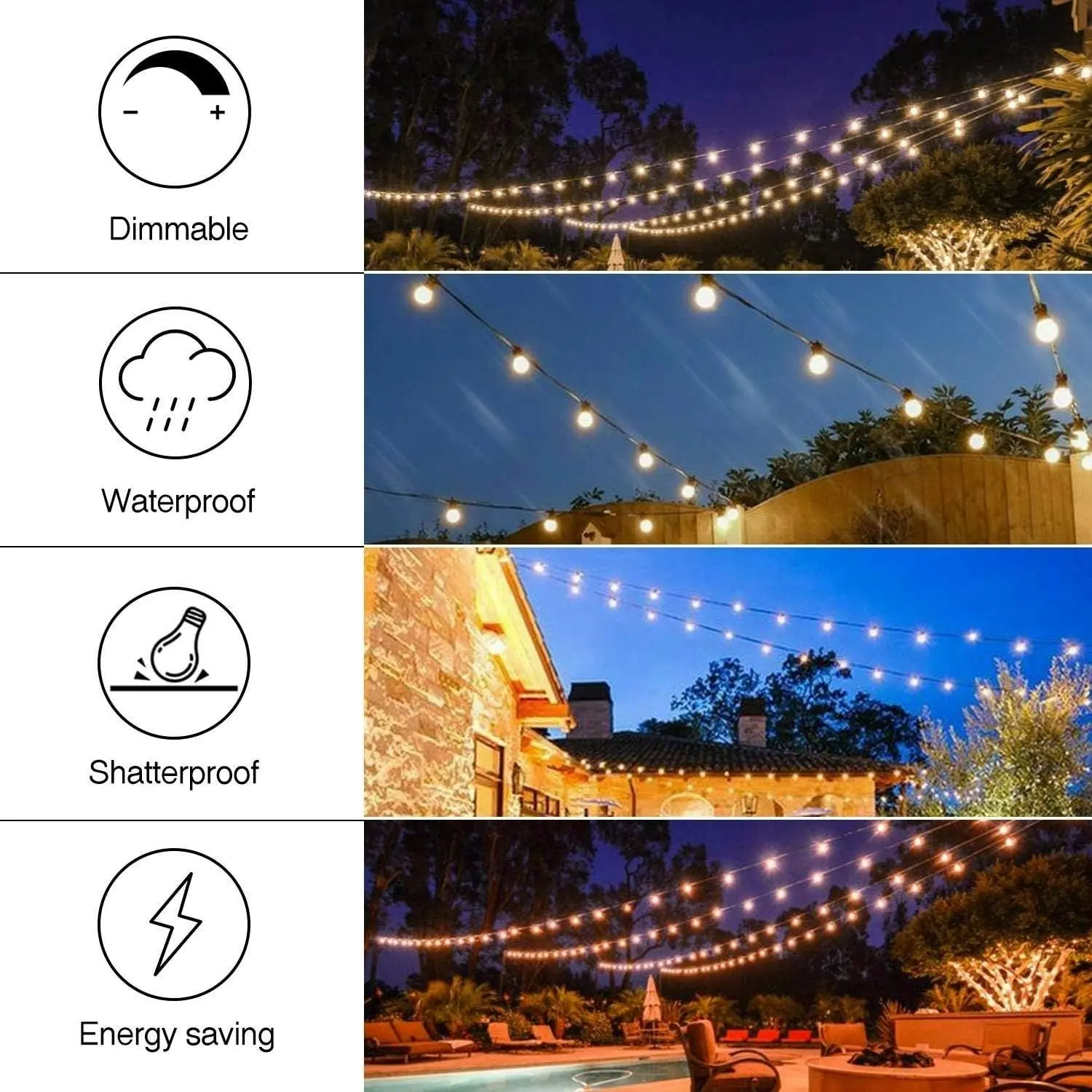 Noveden 16M 15+1 Weatherproof and Shatterproof Bulbs Festoon Party Wedding LED Outdoor String Lights Warm White