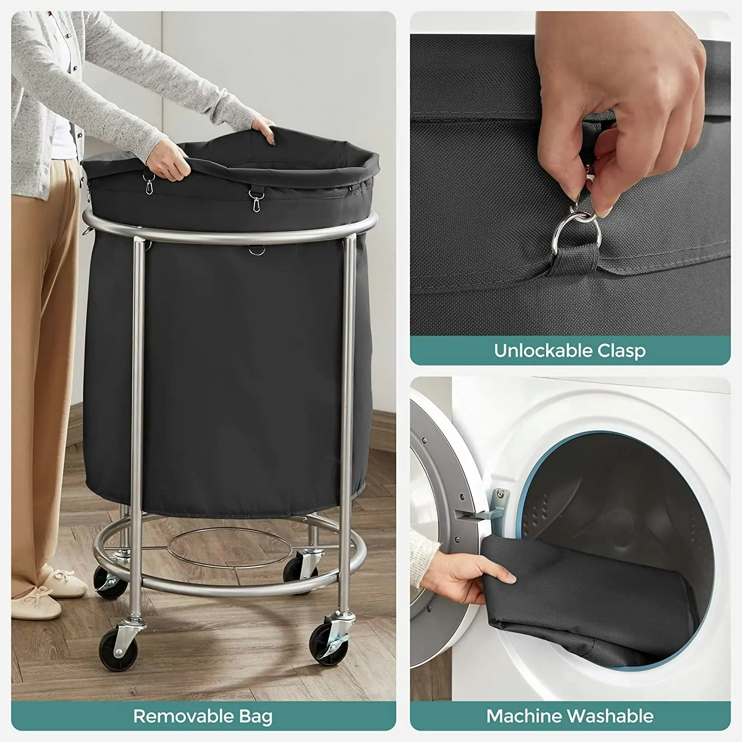 SONGMICS Laundry Basket with Wheels with Steel Frame and Removable Bag Black