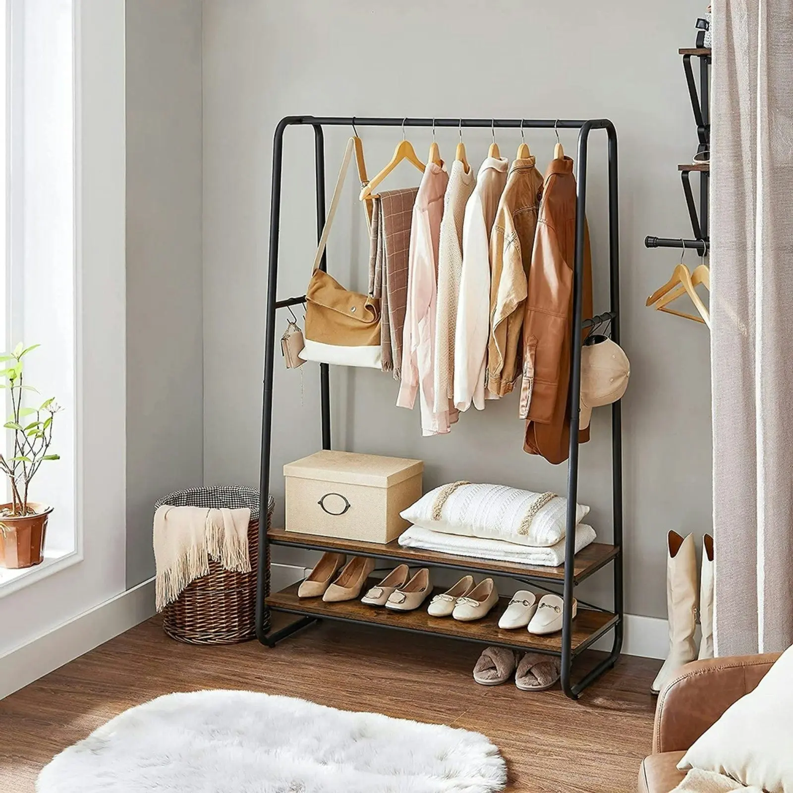 VASAGLE Open Wardrobe Garment Coat Hanger with Shelves Clothes Rack - Rustic Brown