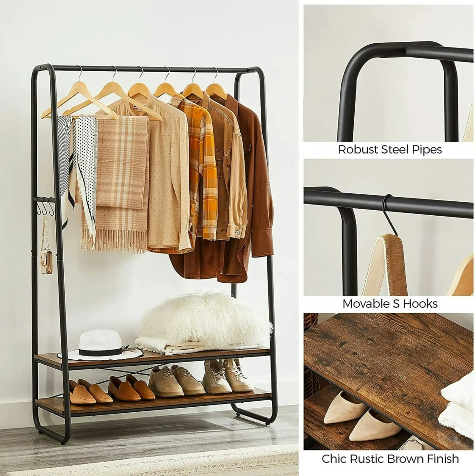 VASAGLE Open Wardrobe Garment Coat Hanger with Shelves Clothes Rack - Rustic Brown