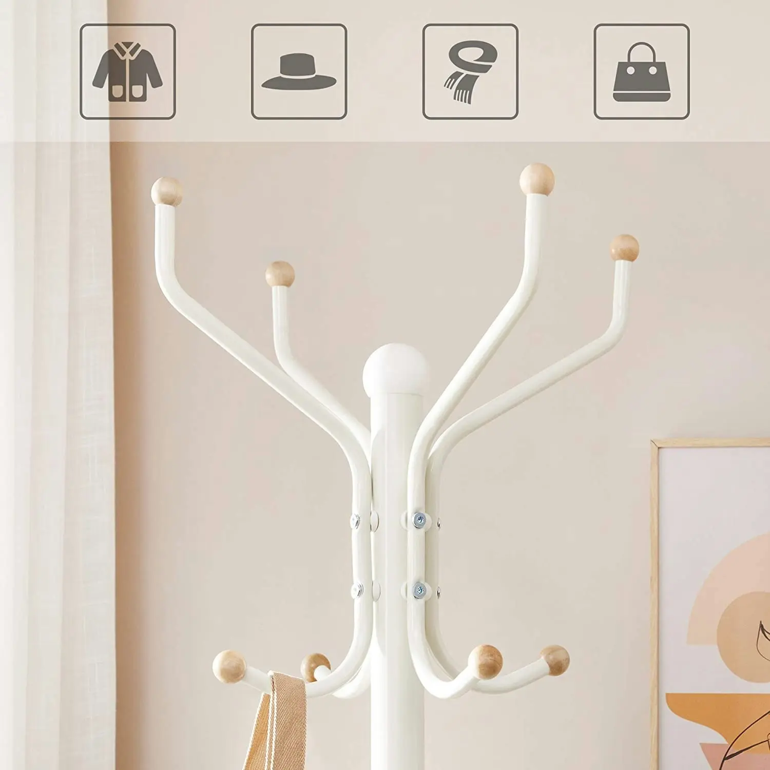 SONGMICS 182cm Metal Talll Hall Tree Hat Hook Clothes Coat Rack - White