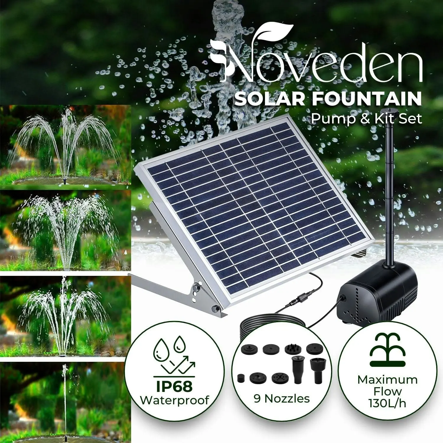 Noveden Solar Bird Bath Fountain Pump with 9 Nozzles