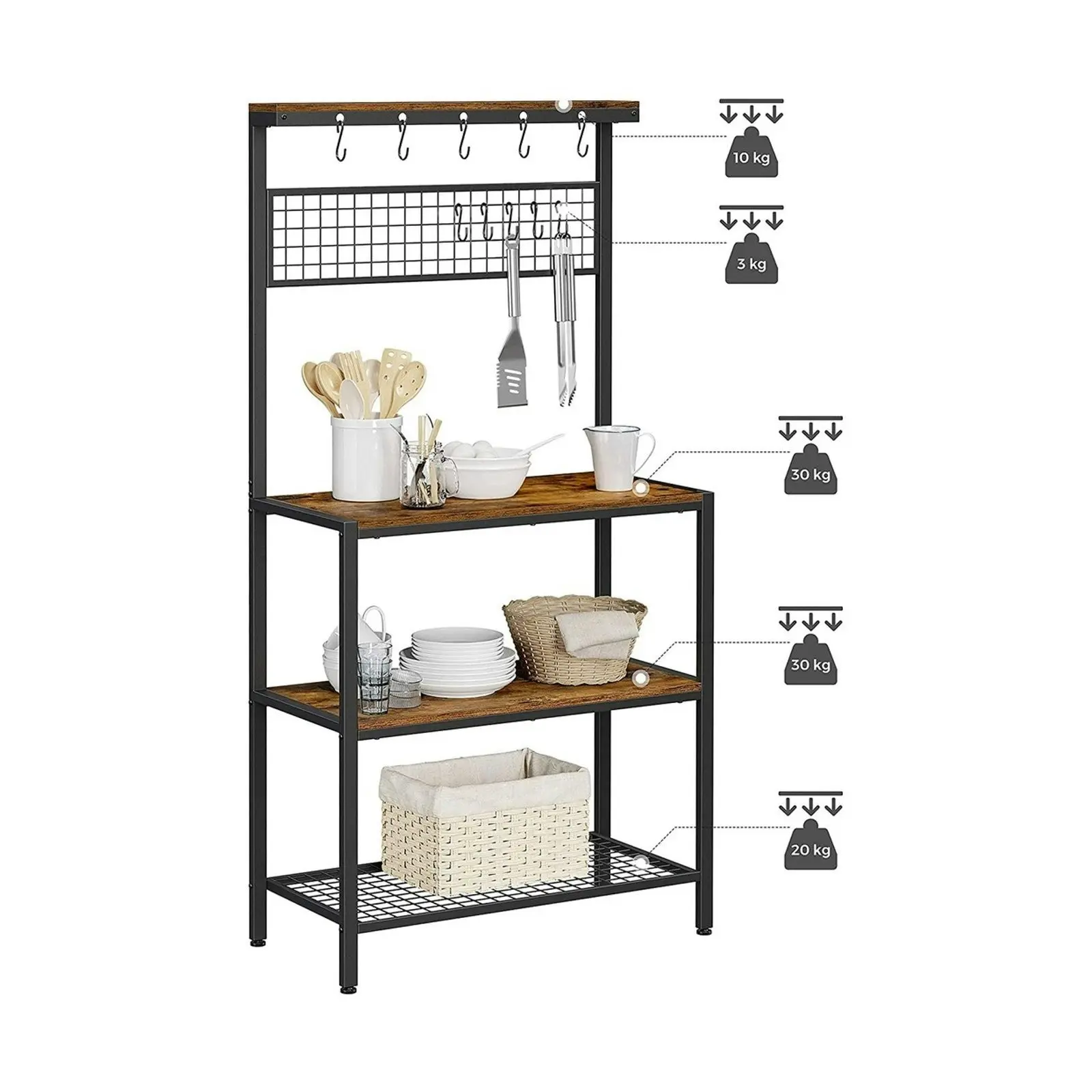 VASAGLE 10 Hook 3 Shelves Adjustable Feet Coffee Bar Kitchen Storage Shelf Baker Rack - Rustic Brown