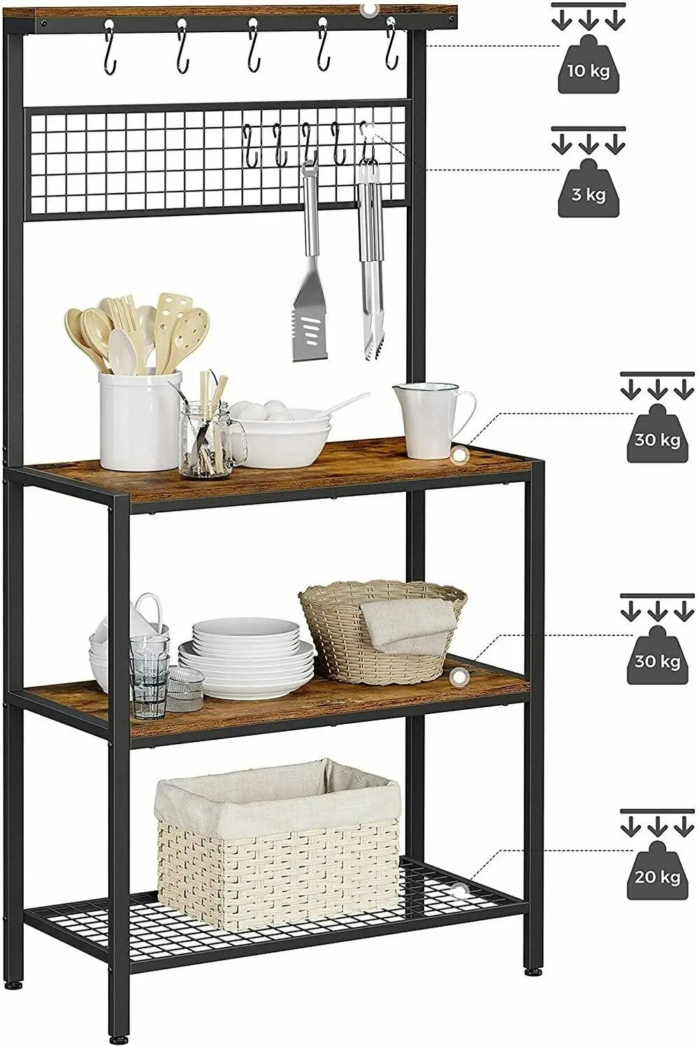 VASAGLE 10 Hook 3 Shelves Adjustable Feet Coffee Bar Kitchen Storage Shelf Baker Rack - Rustic Brown