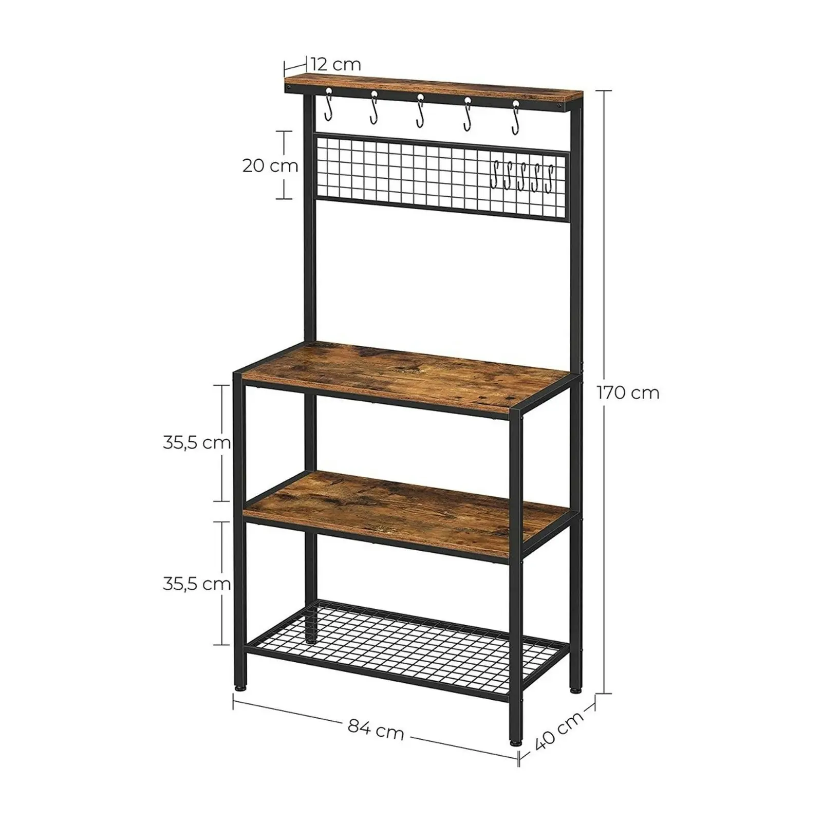 VASAGLE 10 Hook 3 Shelves Adjustable Feet Coffee Bar Kitchen Storage Shelf Baker Rack - Rustic Brown