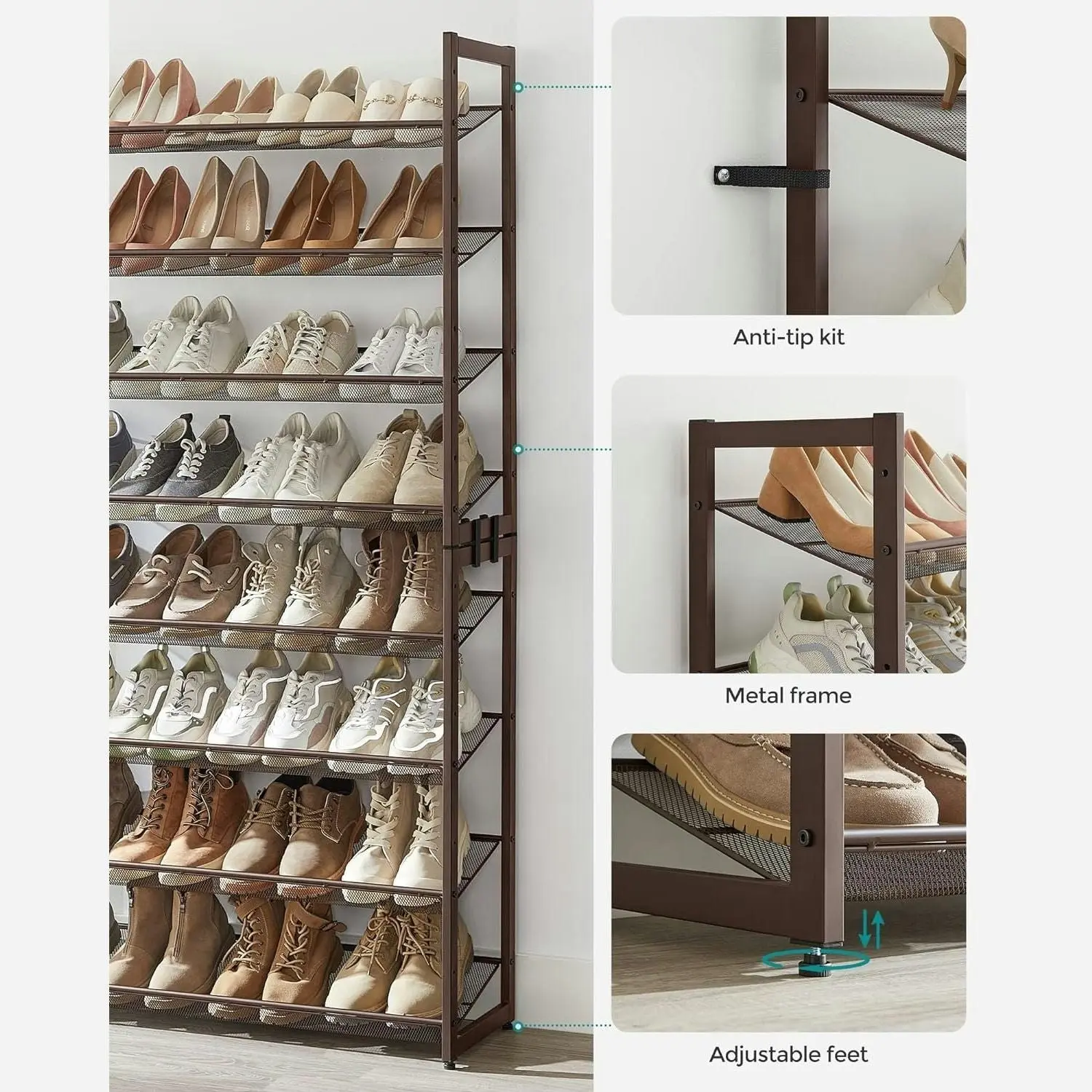 SONGMICS 8 TIer Adjustable Shoes Storage Organiser Shelves Stand Shoe Rack - Bronze