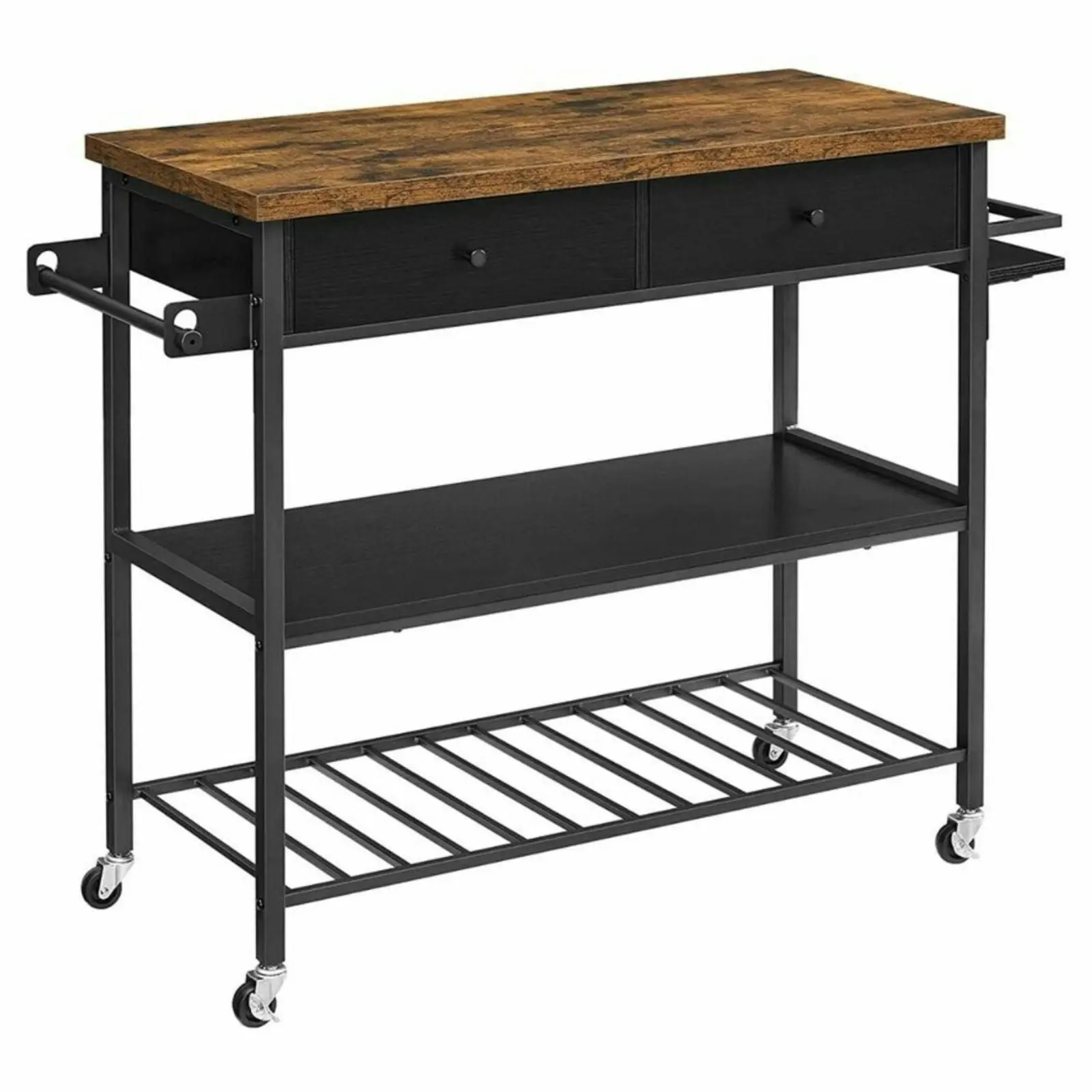 VASAGLE 3 Tier Utility Storage Cart with Shelf and Drawer Kitchen Island Trolley - Rustic Brown/Black