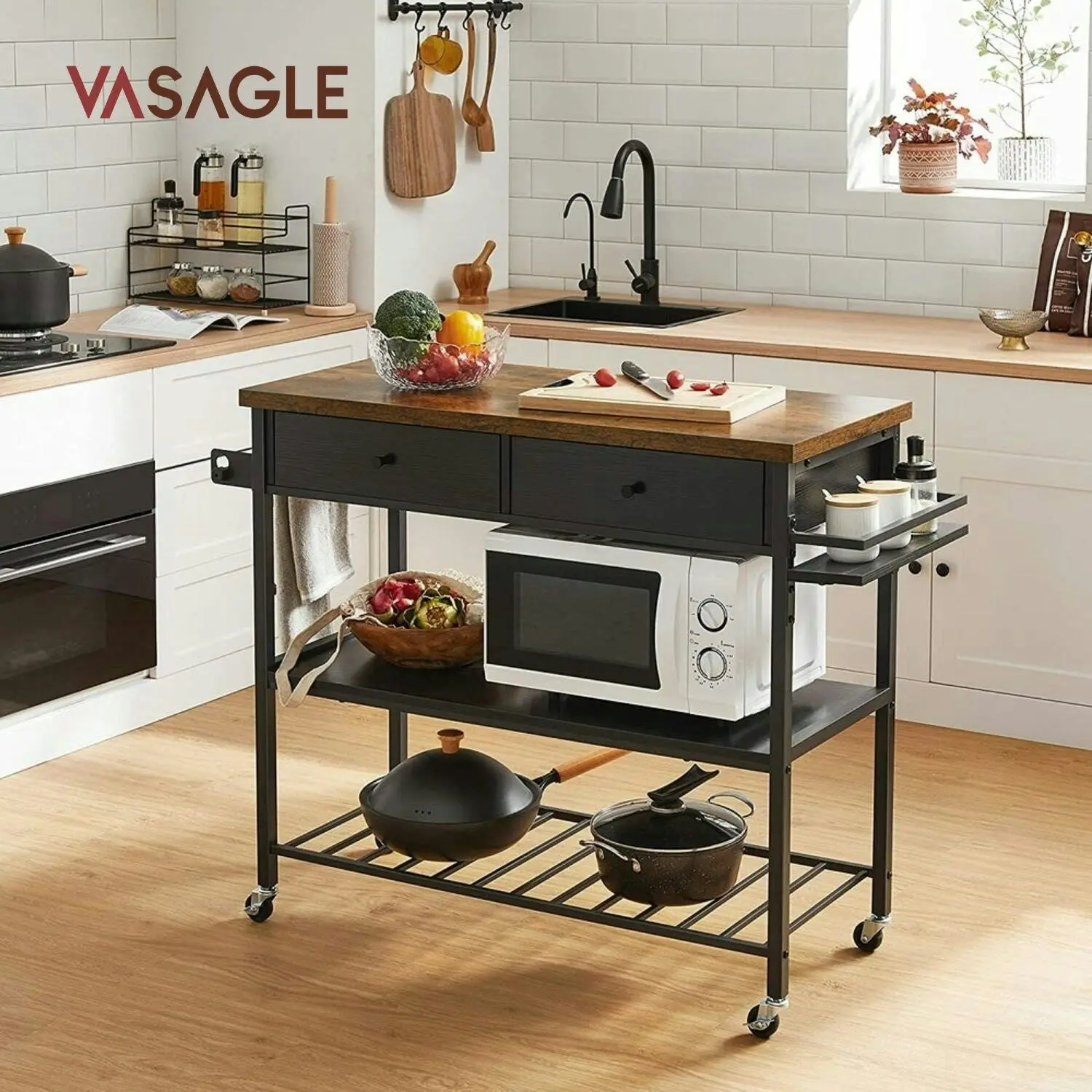 VASAGLE 3 Tier Utility Storage Cart with Shelf and Drawer Kitchen Island Trolley - Rustic Brown/Black