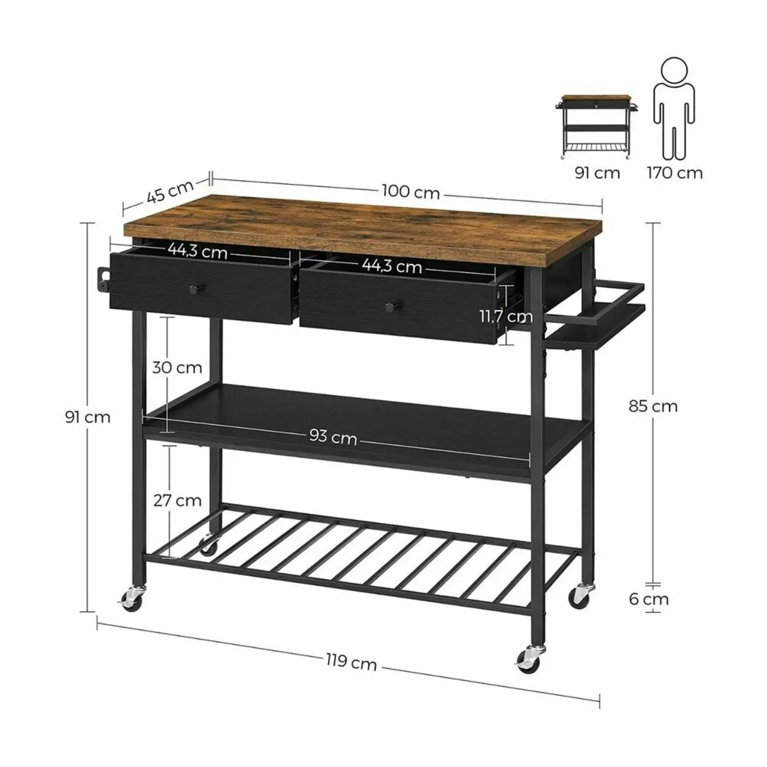 VASAGLE 3 Tier Utility Storage Cart with Shelf and Drawer Kitchen Island Trolley - Rustic Brown/Black