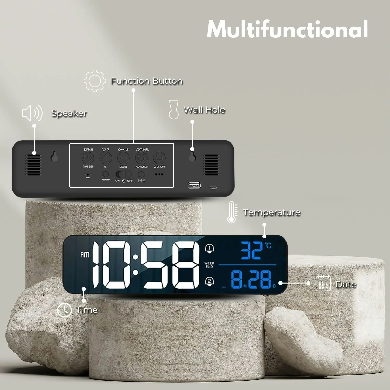 Gominimo Digital Bedside Snooze Alarm Clock Time Temperature Day/Night Desktop