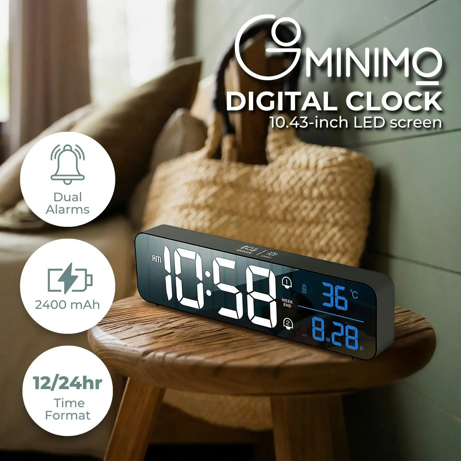 Gominimo Digital Bedside Snooze Alarm Clock Time Temperature Day/Night Desktop