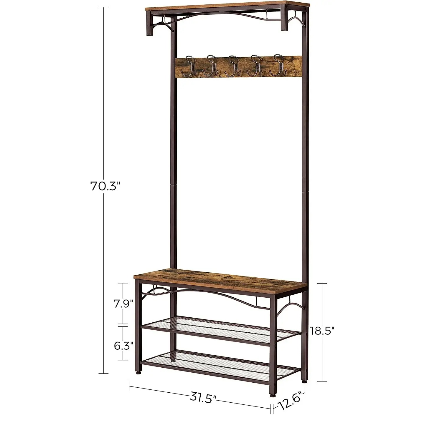 VASAGLE Industrial Coat Rack Entryway Shoe Bench Metal Frame  Rustic Brown