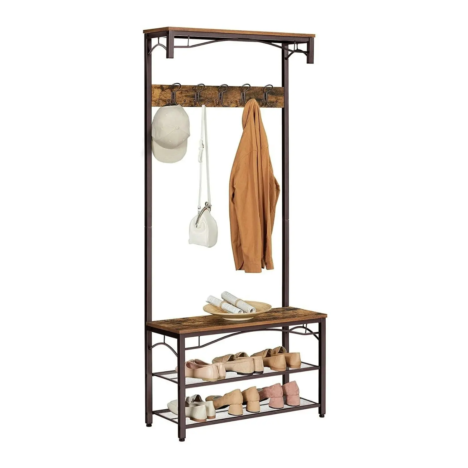 VASAGLE Industrial Coat Rack Entryway Shoe Bench Metal Frame  Rustic Brown