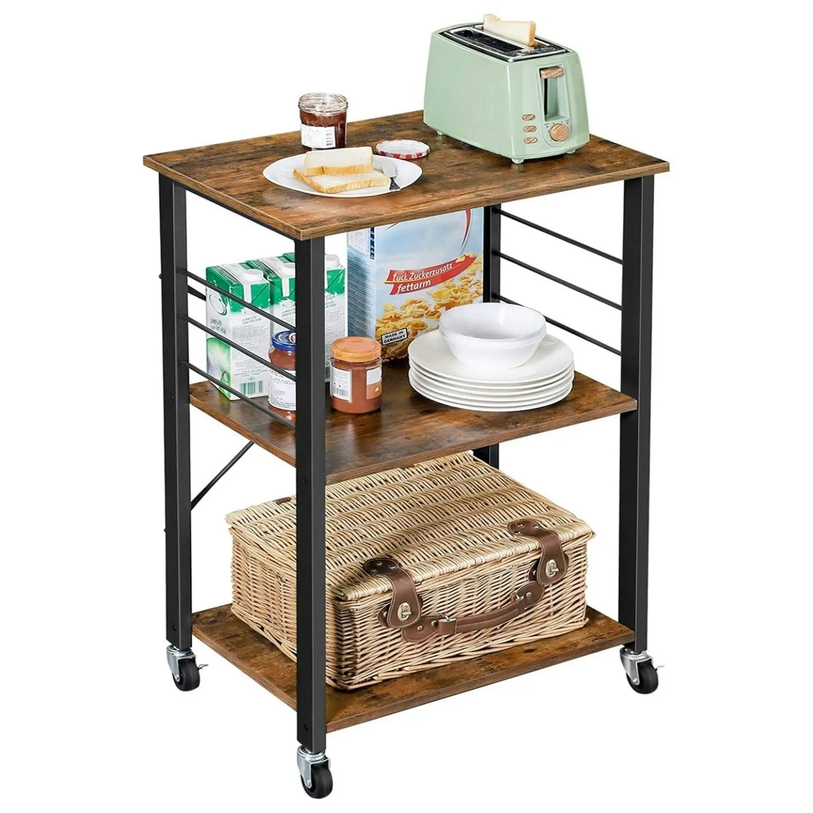 VASAGLE 3 Tier Utility Cart Storage Rack Shelves Kitchen Trolley - Rustic Brown/Black