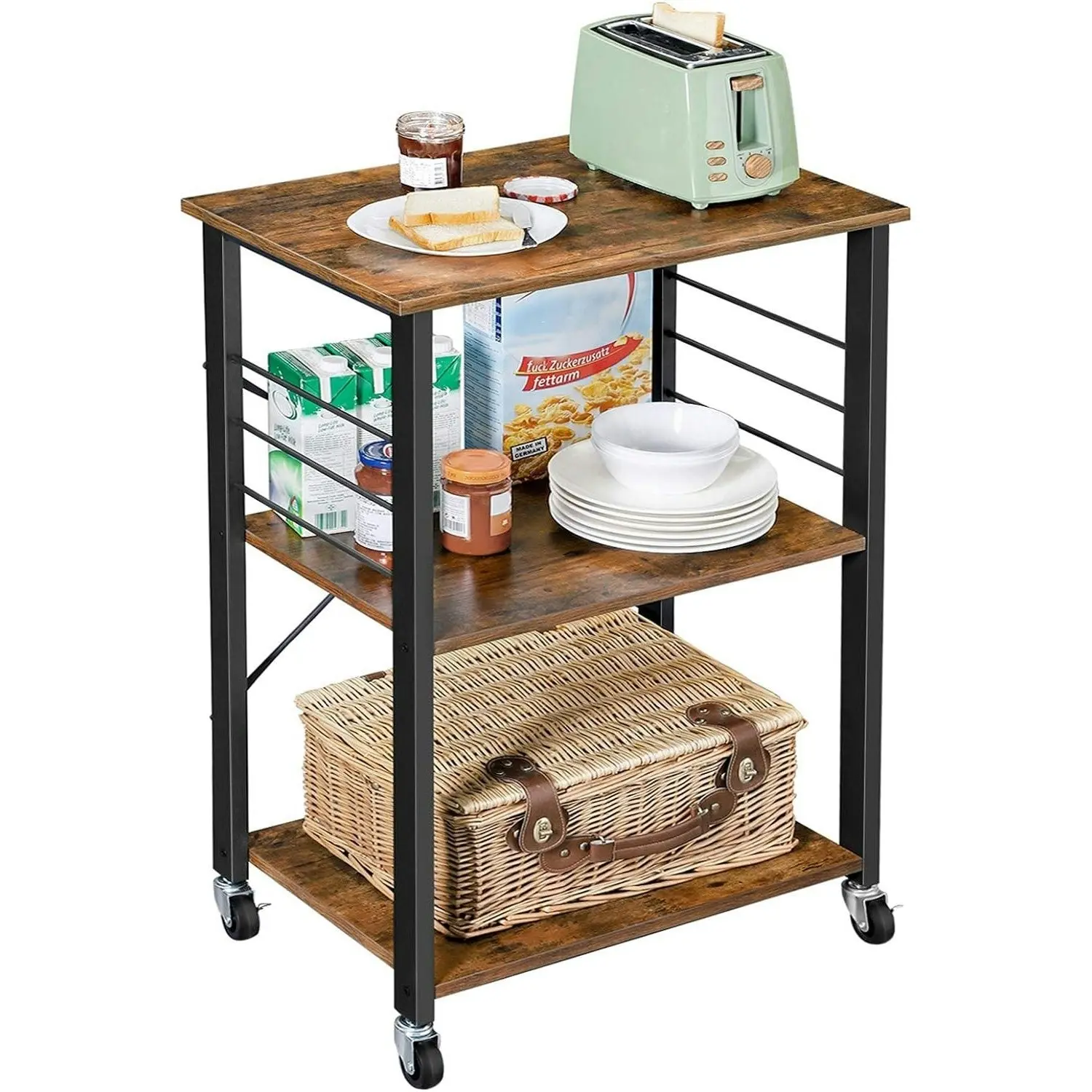 VASAGLE 3 Tier Utility Cart Storage Rack Shelves Kitchen Trolley - Rustic Brown/Black