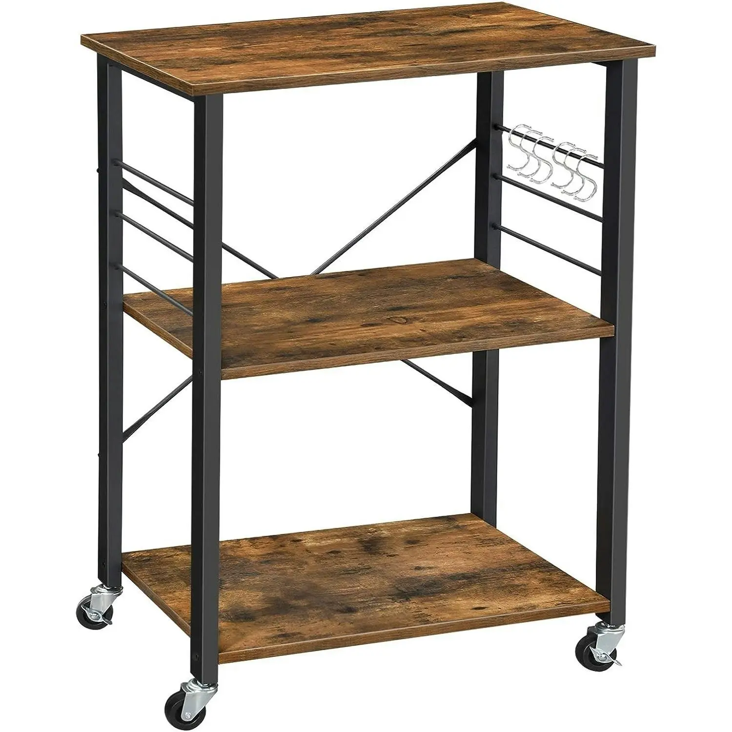 VASAGLE 3 Tier Utility Cart Storage Rack Shelves Kitchen Trolley - Rustic Brown/Black