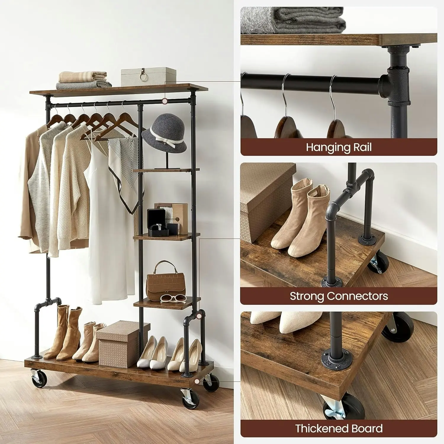 VASAGLE Open Wardrobe Garment Coat Hanger Rail Stand Clothes Rack - Rustic Brown