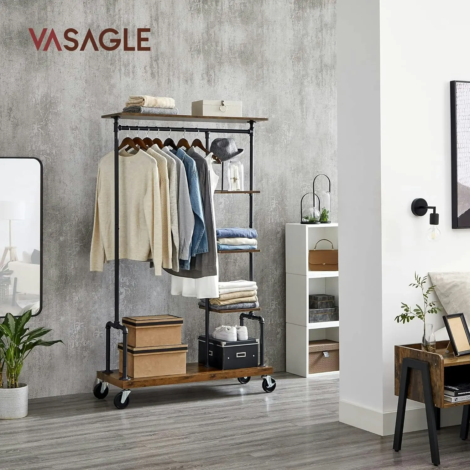 VASAGLE Open Wardrobe Garment Coat Hanger Rail Stand Clothes Rack - Rustic Brown