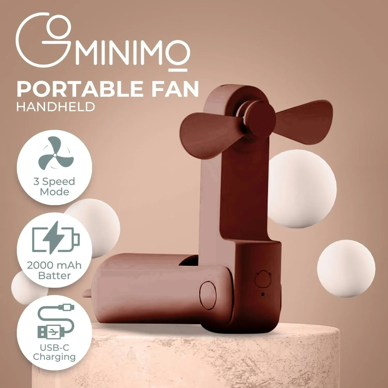 Gominimo USB Rechargeable Portable 3 Speed Handheld Fan - Brown