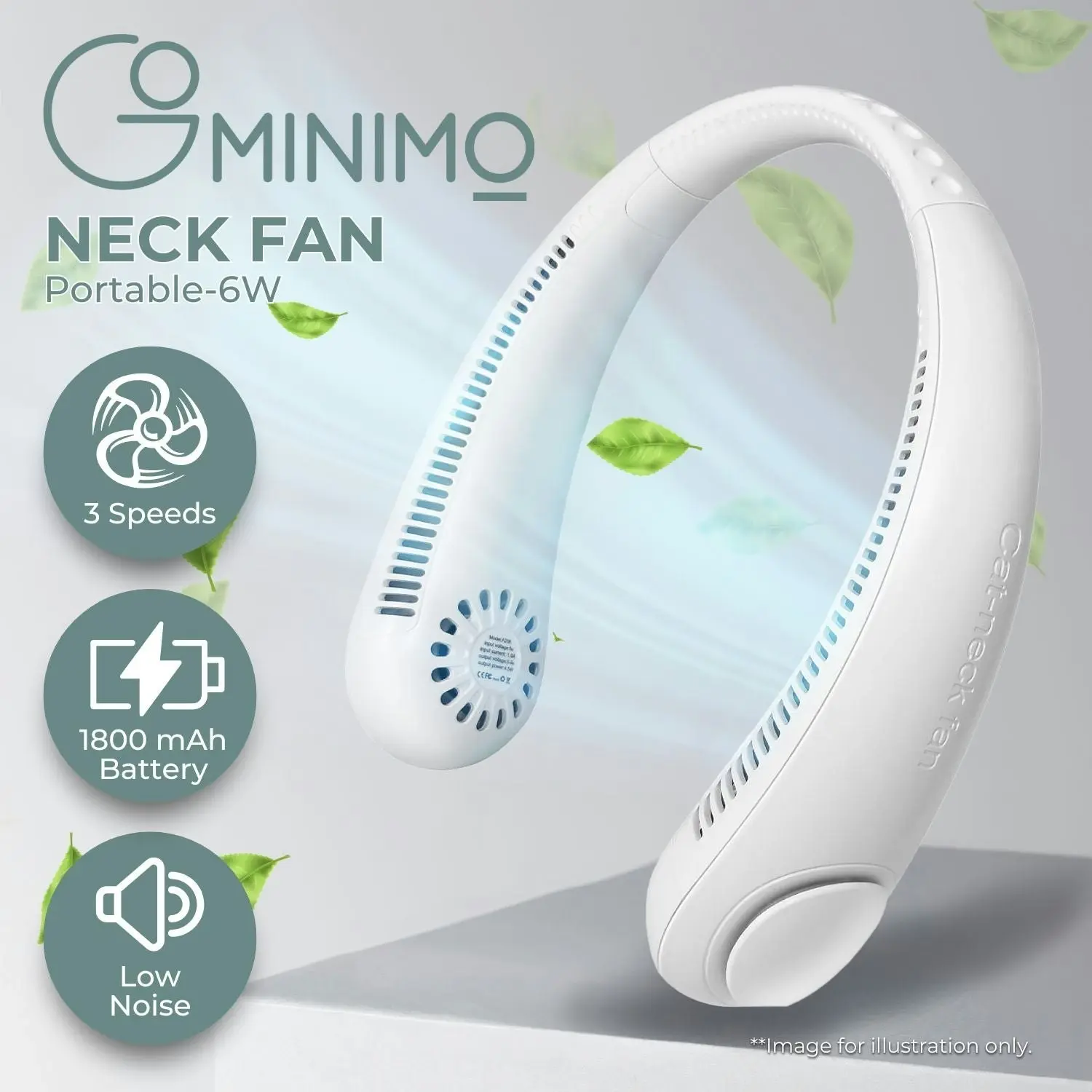 Gominimo Portable Neck Fan, Hands Free Bladeless Fan, Battery Operated Wearable Personal Fan, Leafless, Rechargeable, Headphone Design - White