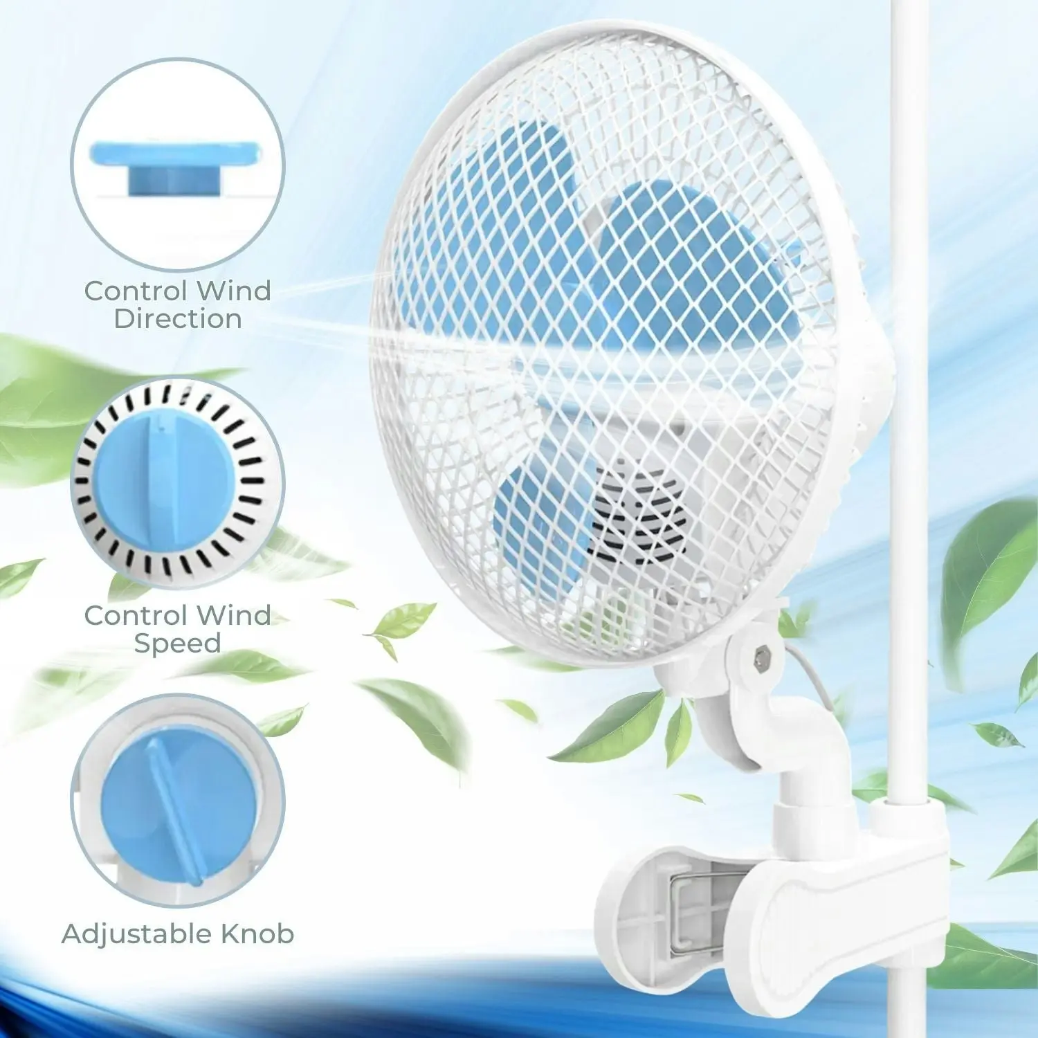 Gominimo Portable Oscillating Clip Fan Quiet Auto Head Shake 2 Speed White Blue