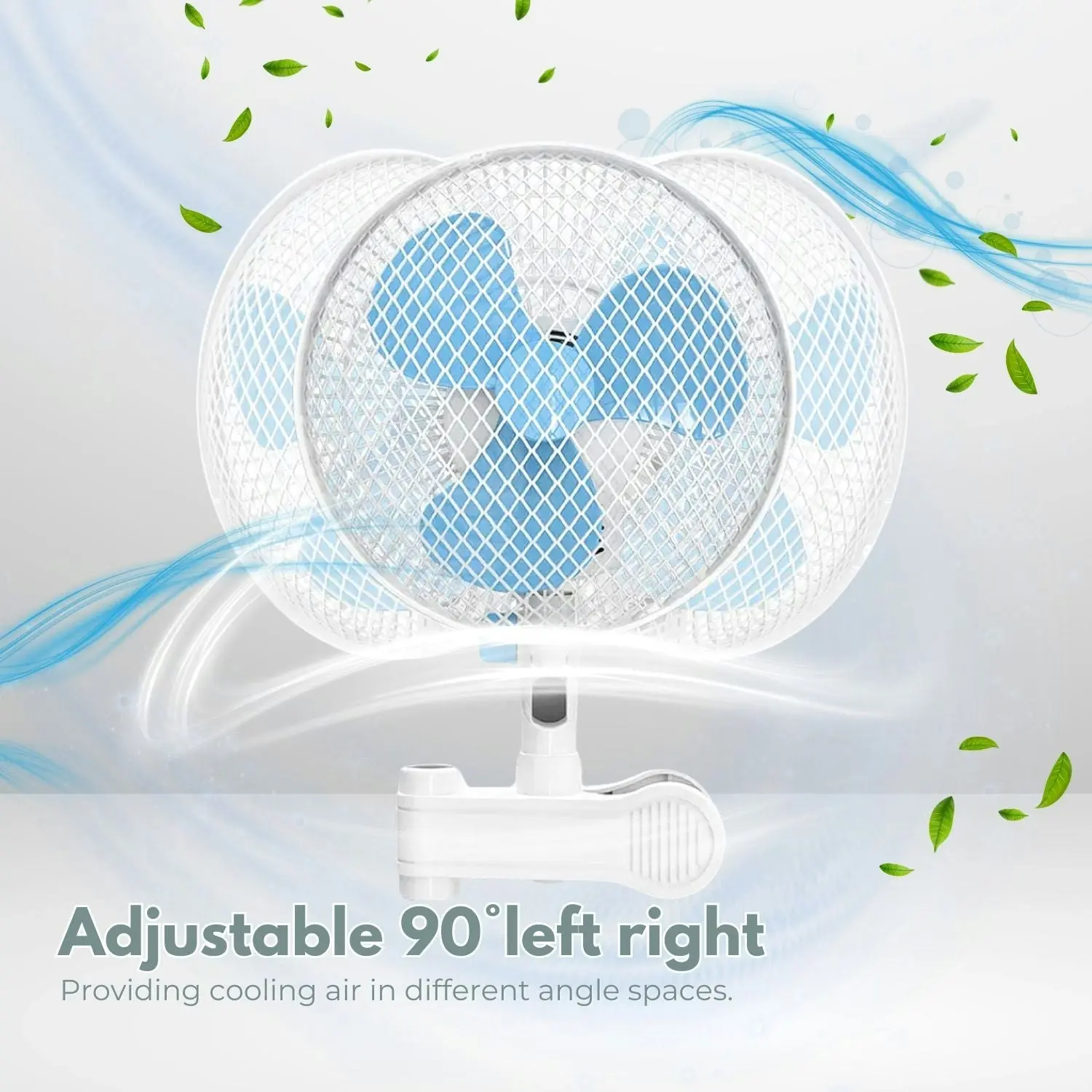 Gominimo Portable Oscillating Clip Fan Quiet Auto Head Shake 2 Speed White Blue