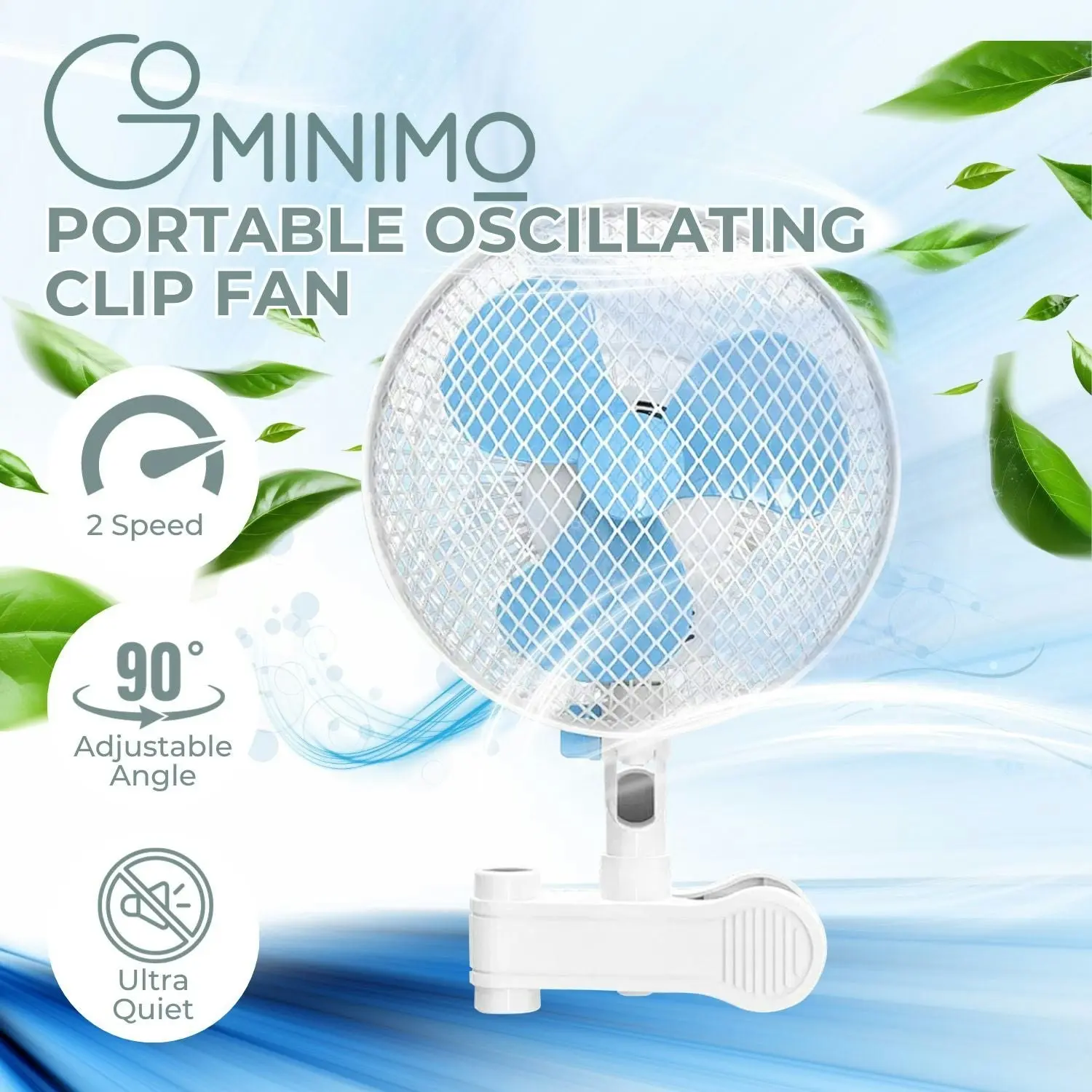 Gominimo Portable Oscillating Clip Fan Quiet Auto Head Shake 2 Speed White Blue