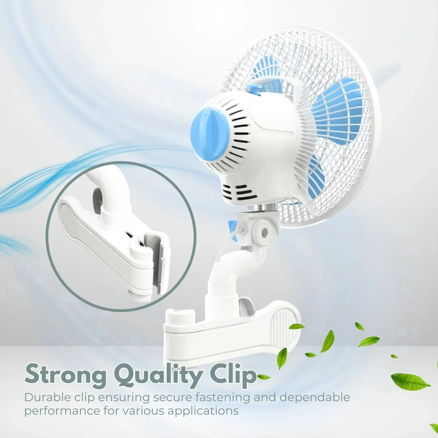 Gominimo Portable Oscillating Clip Fan Quiet Auto Head Shake 2 Speed White Blue