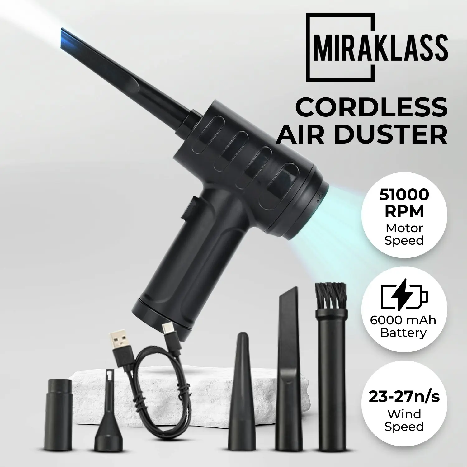 Miraklass Cordless Cleaning Air Duster 51000RPM Wireless 6000mah Dust Blower - Black