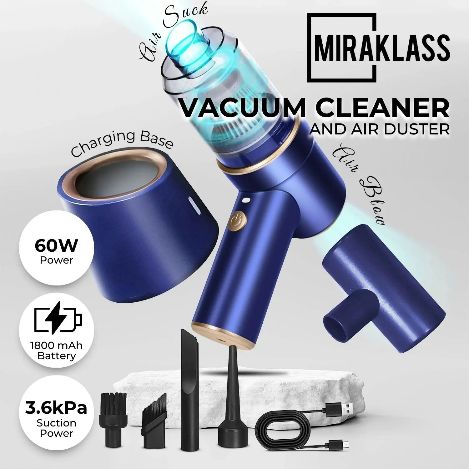 Miraklass 45000RPM Cordless Vacuum Cleaner Dust Blower Air Duster Charging Base