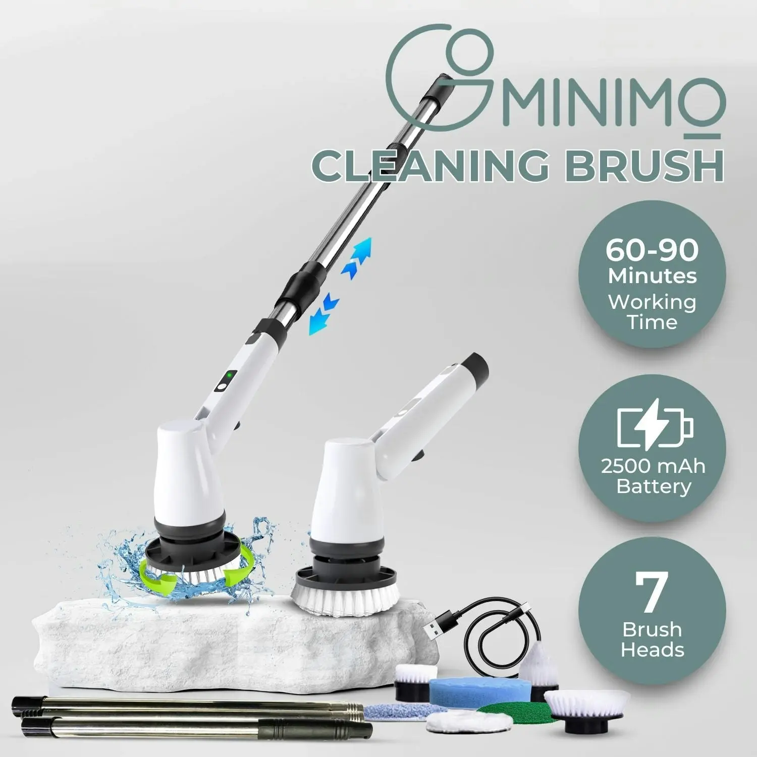 Gominimo Electric Spin Scrubber 90Min Work Time 400RPM Speed 7 Replaceable Brush