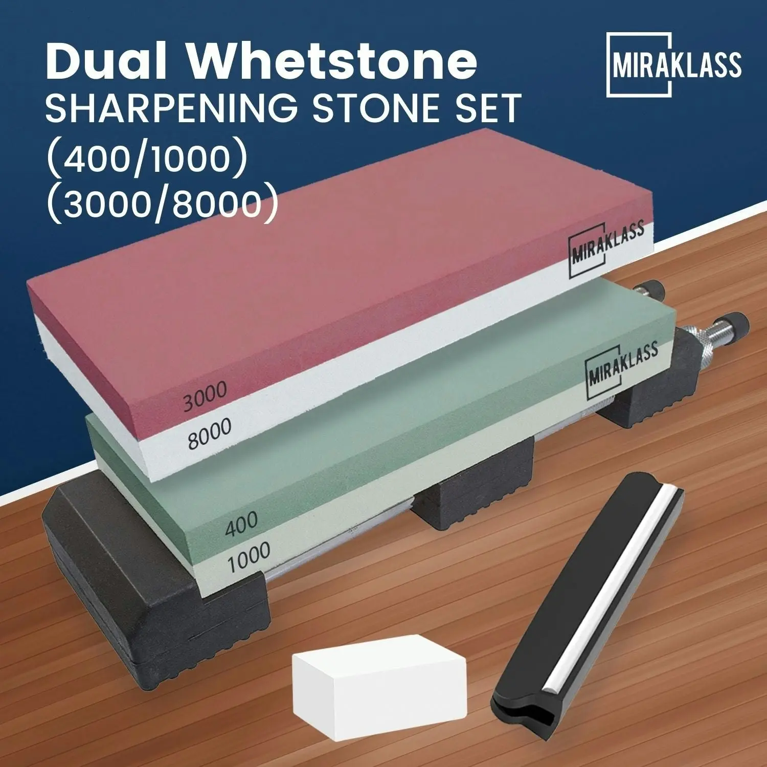 Miraklass Dual Sharpening Whetstone Waterstone Grind Knife 400/1000+3000/8000 Sharpener Grit Set