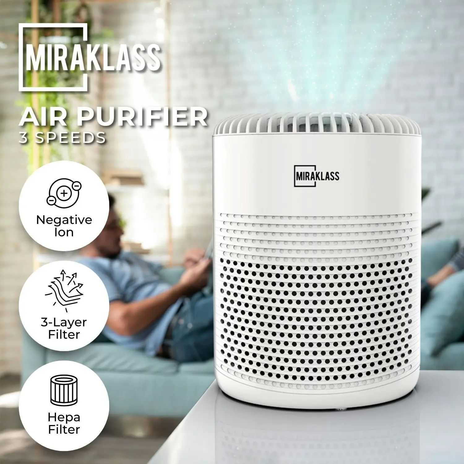 Miraklass Air Purifier 3 Speed with Hepa Filter - White