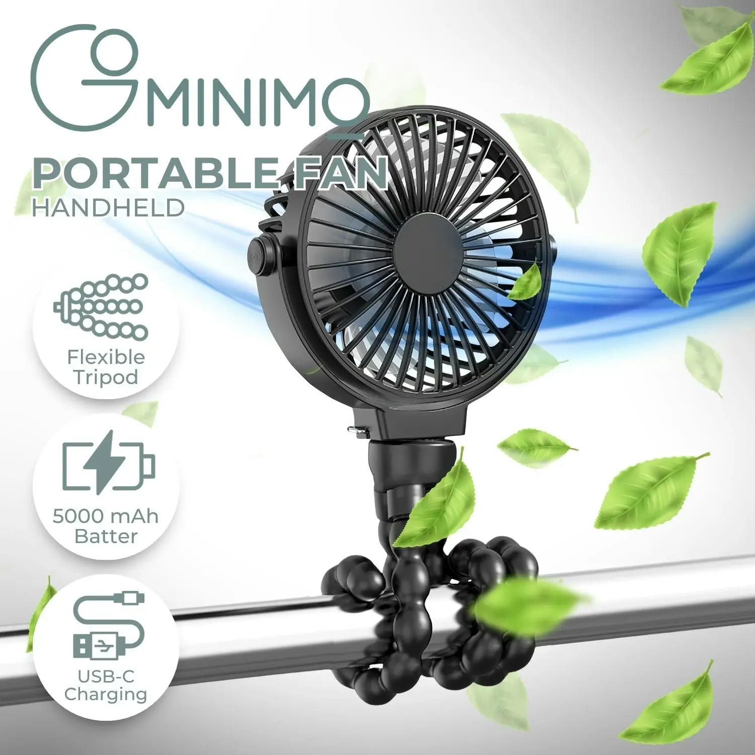 Gominimo Portable 5000mAh Rechargeable Clip Fan Rotatable Flexible Tripod Black