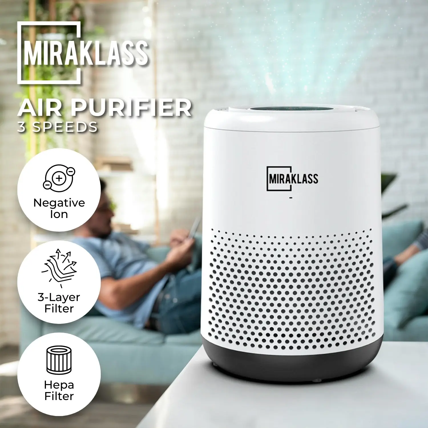 Miraklass 3 Speeds Negative ION Concentration Hepa Filter Air Purifier - White