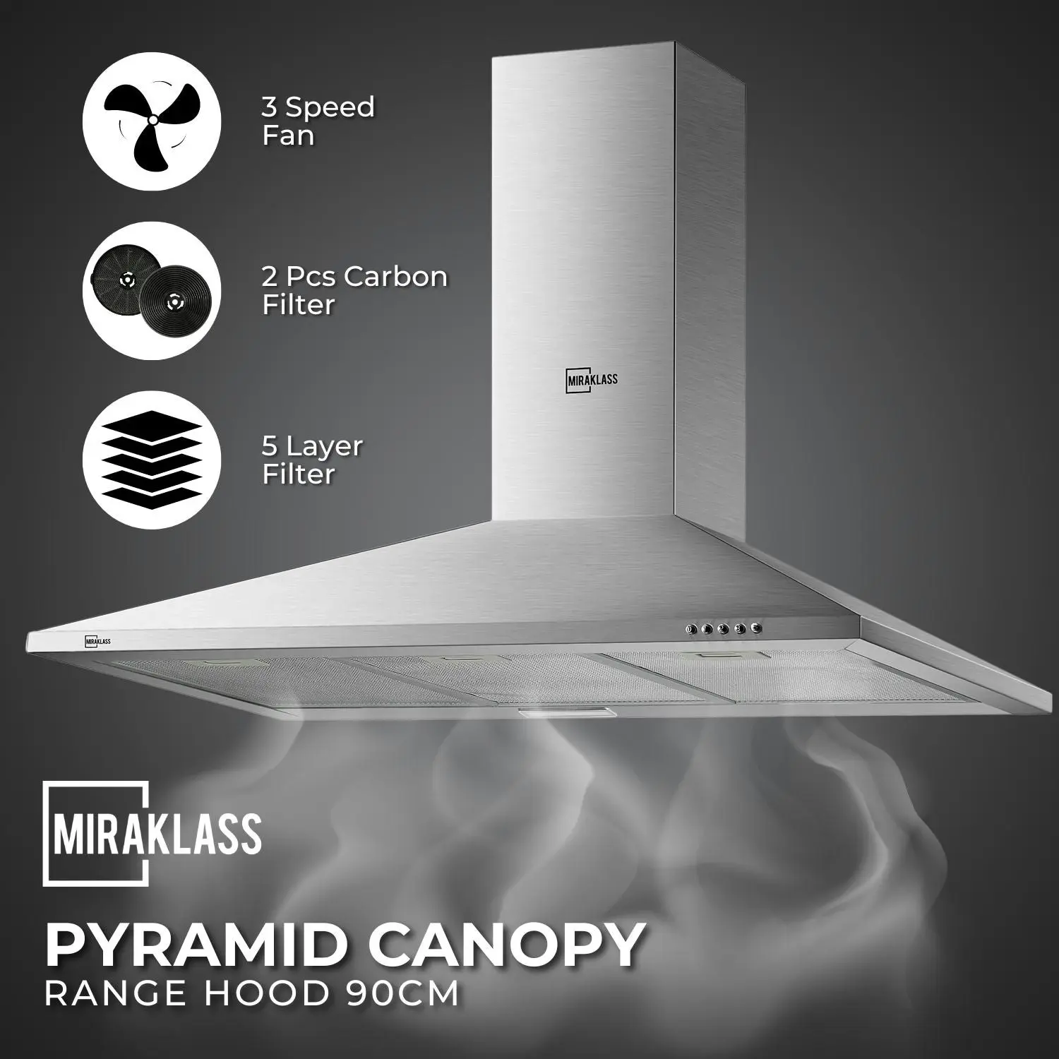 Miraklass Stainless Steel 90cm Pyramid Rangehood - Silver