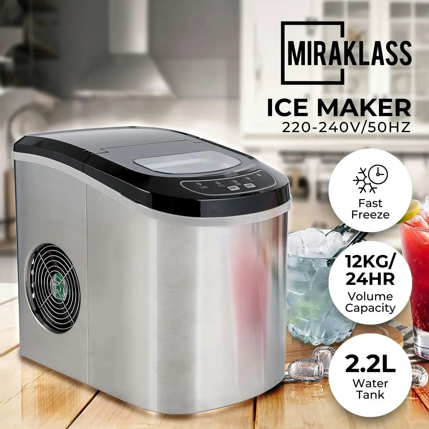 Miraklass 2.2L Portable Ice Maker Commercial Machine Bar Countertop Stainless Steel