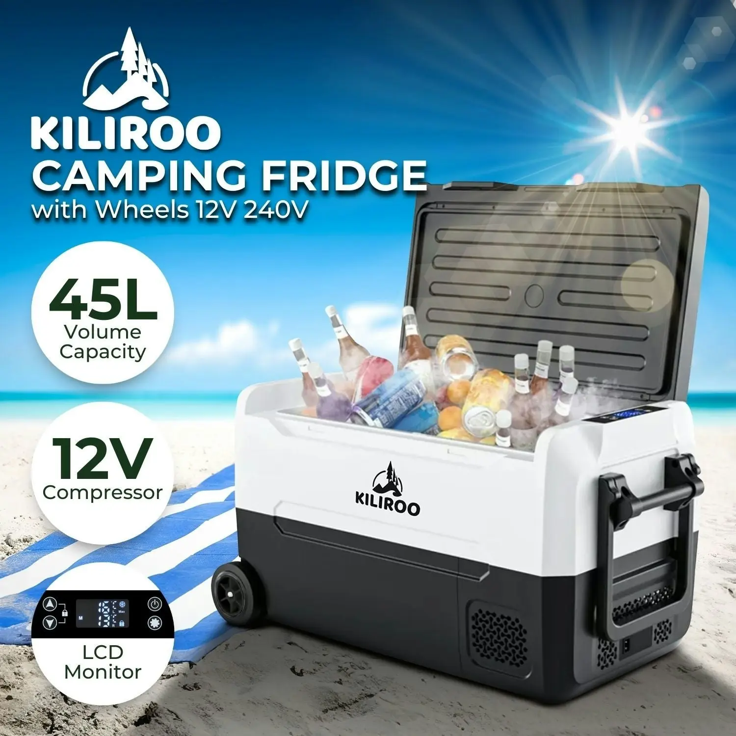 Kiliroo 45L Car Portable Fridge Freezer Trolley Wheel Cooler Camping Caravan