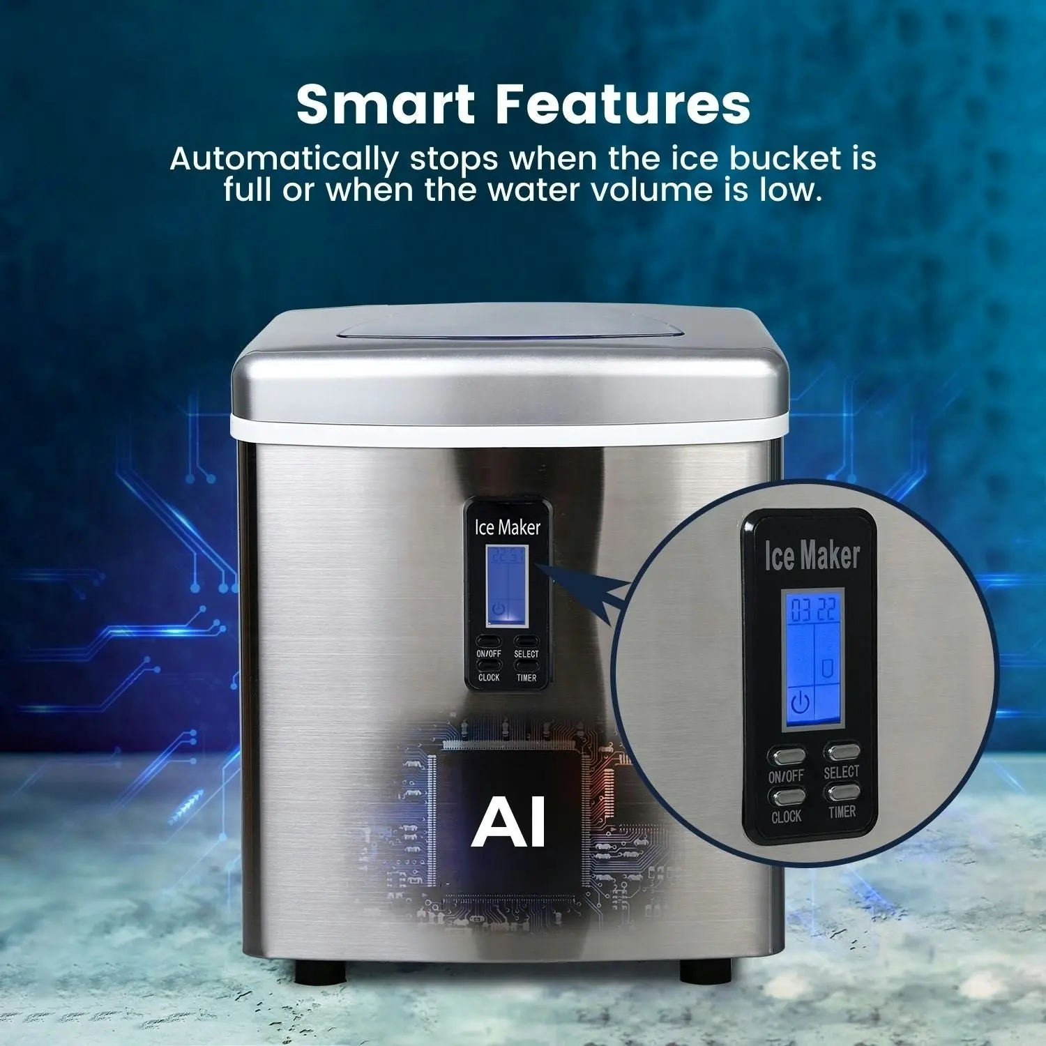 Miraklass Ice Maker Machine High Efficiency and Energy Saving With LCD Digital Stainless Steel 3.2L