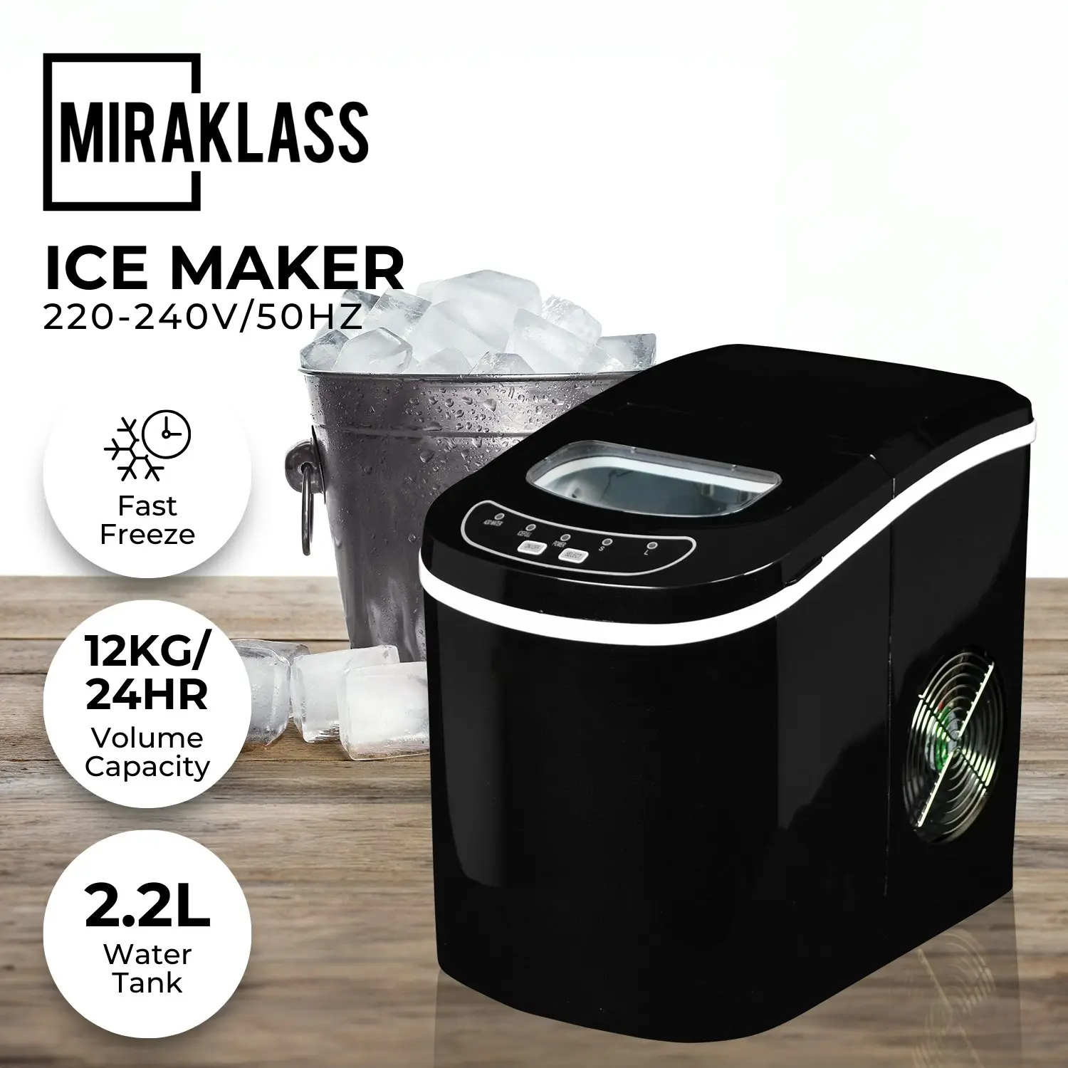 Miraklass 2.2L Bullet Ice Maker Machine - Black