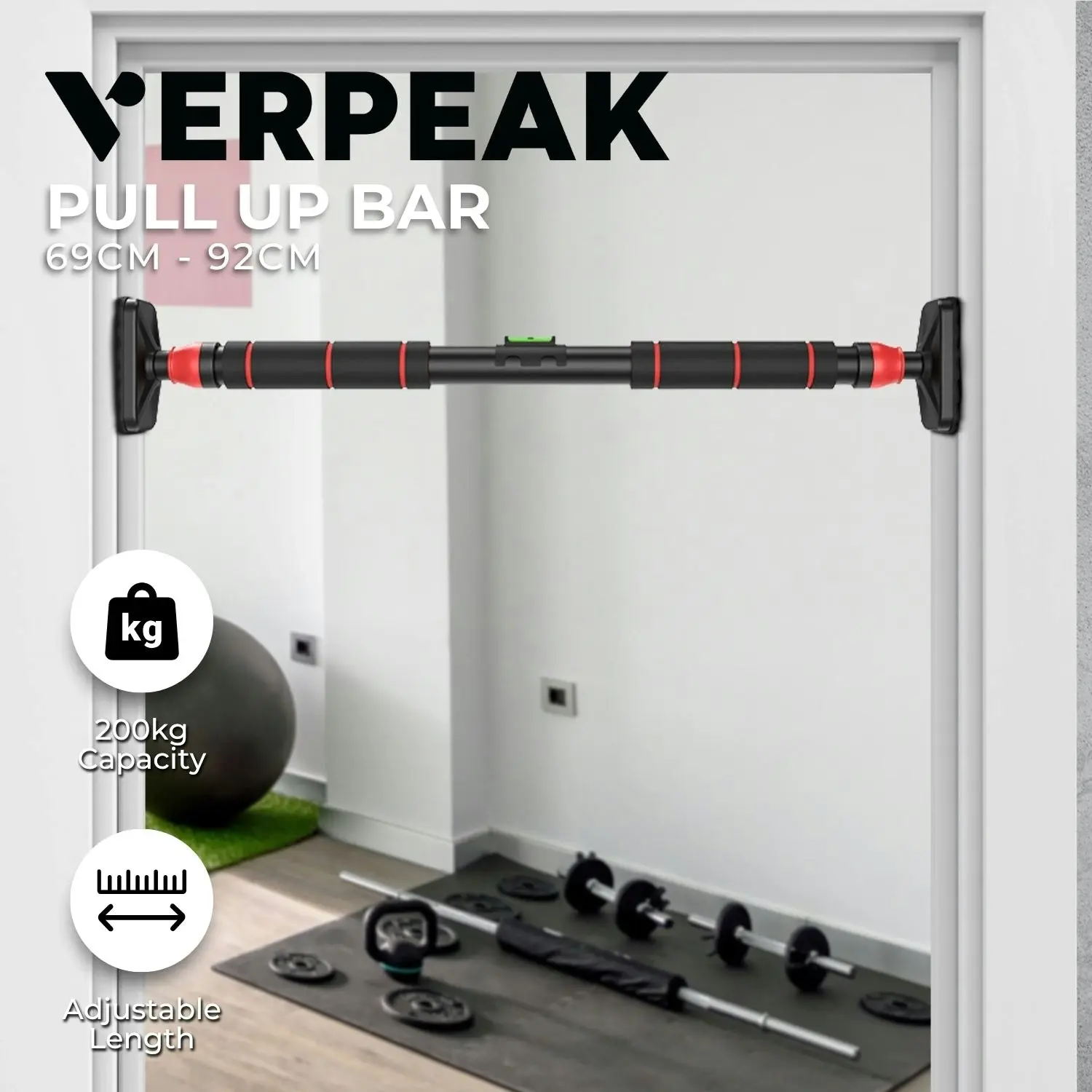 Verpeak 200kg Capacity Home Gym Trainer Horizontal Doorway Pull Up Bar - Black/Red