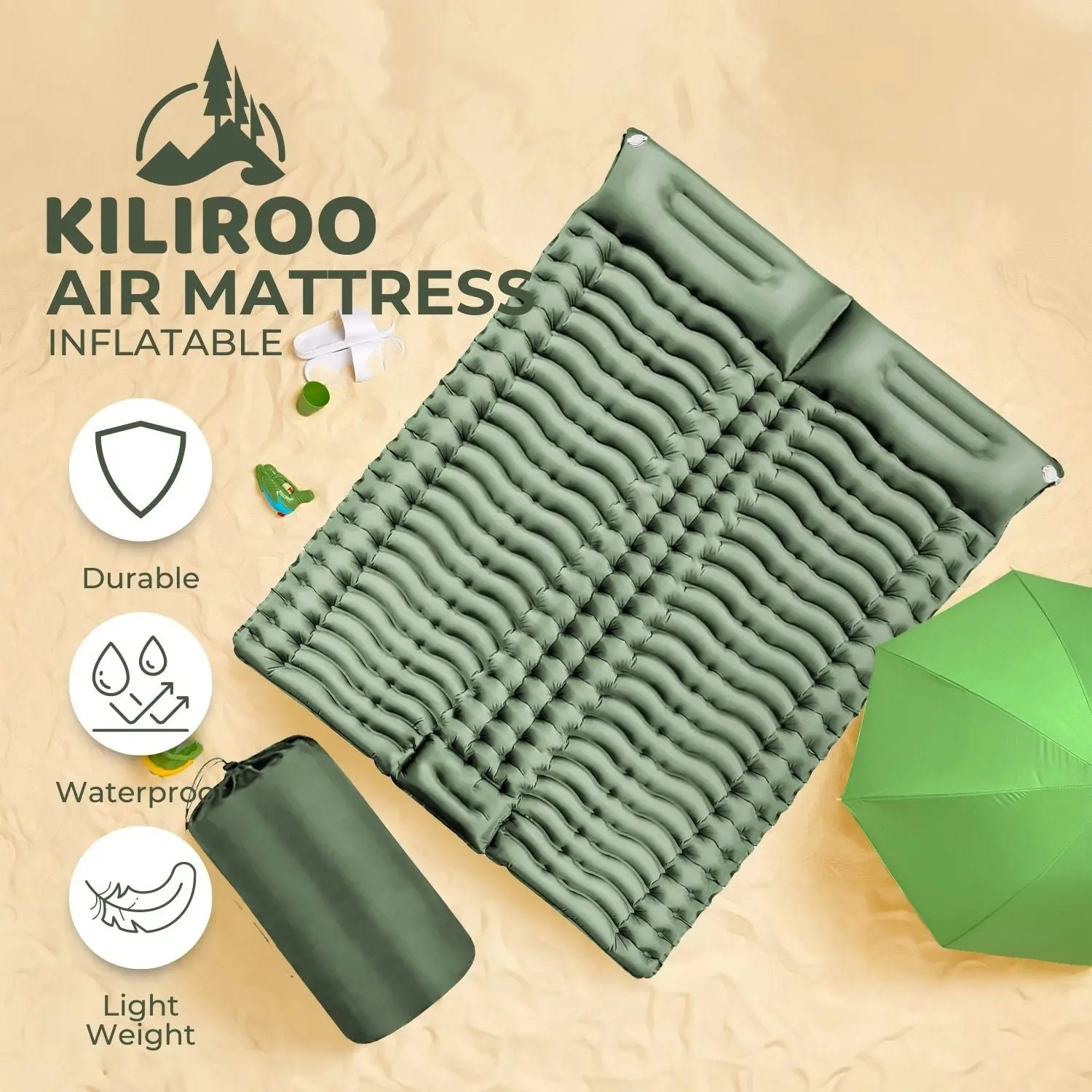 Kiliroo Double Inflatable Mattress Camping Air Bed Sleeping Pad with Pillow Army Green