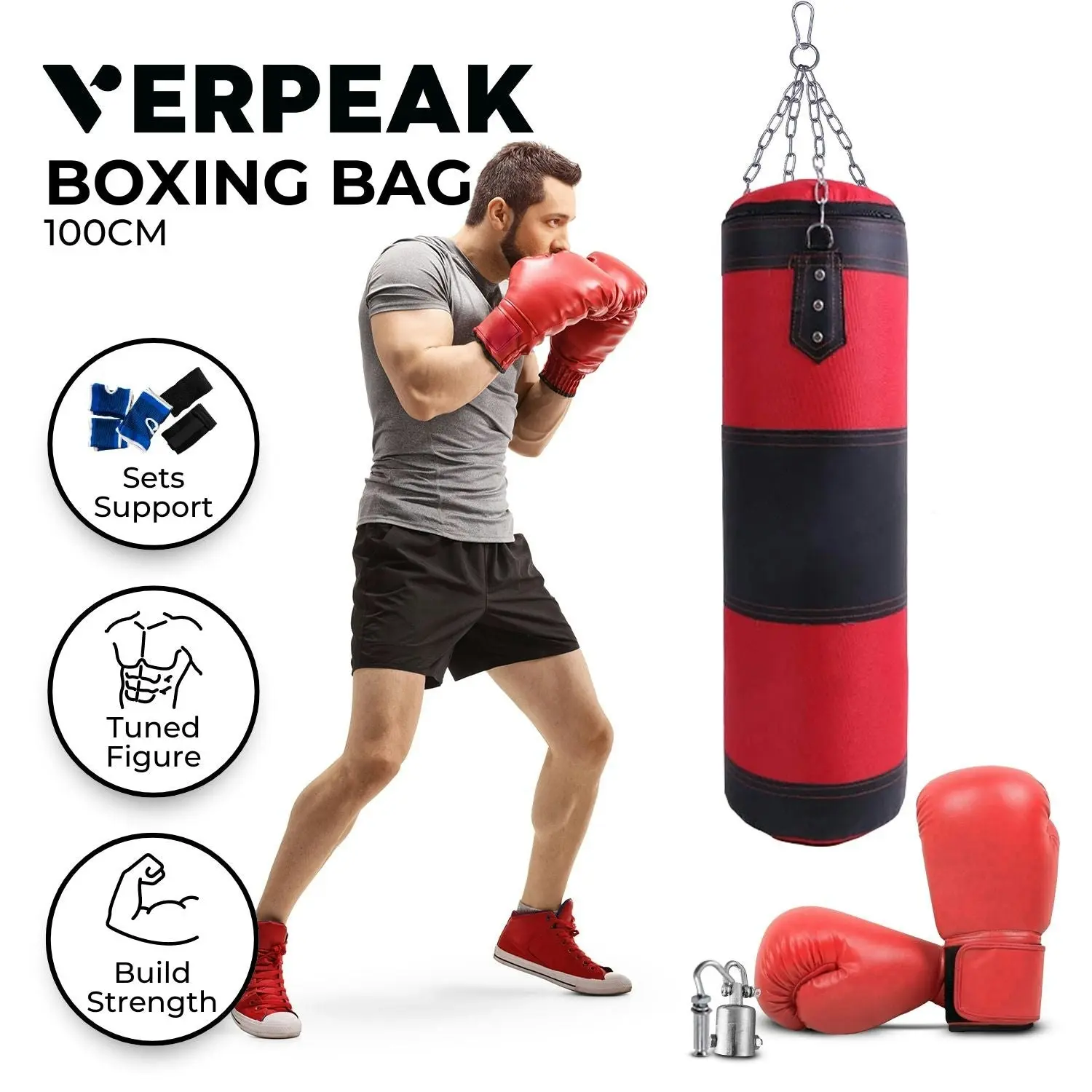 Verpeak 100cm Hanging Punching Bag Set Boxing Bag Home Gym Training Kickboxing Karate