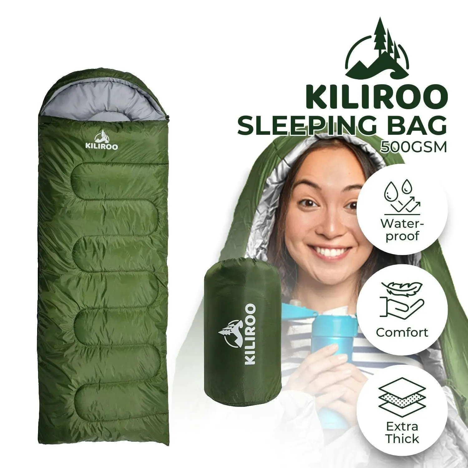 Kiliroo Single Camping 500GSM Sleeping Bag - Army Green