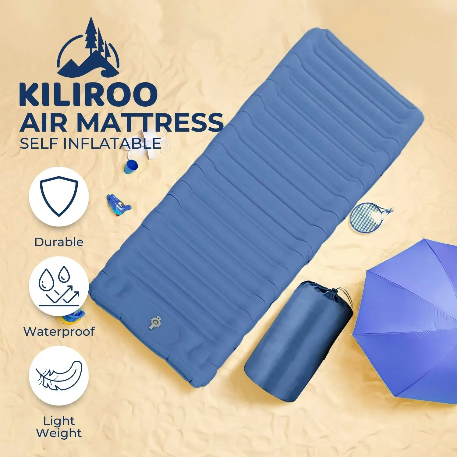 Kiliroo Waterproof Durable Light Weight Outdoor Indoor Portable Inflatable Camping Sleeping Pad - Blue