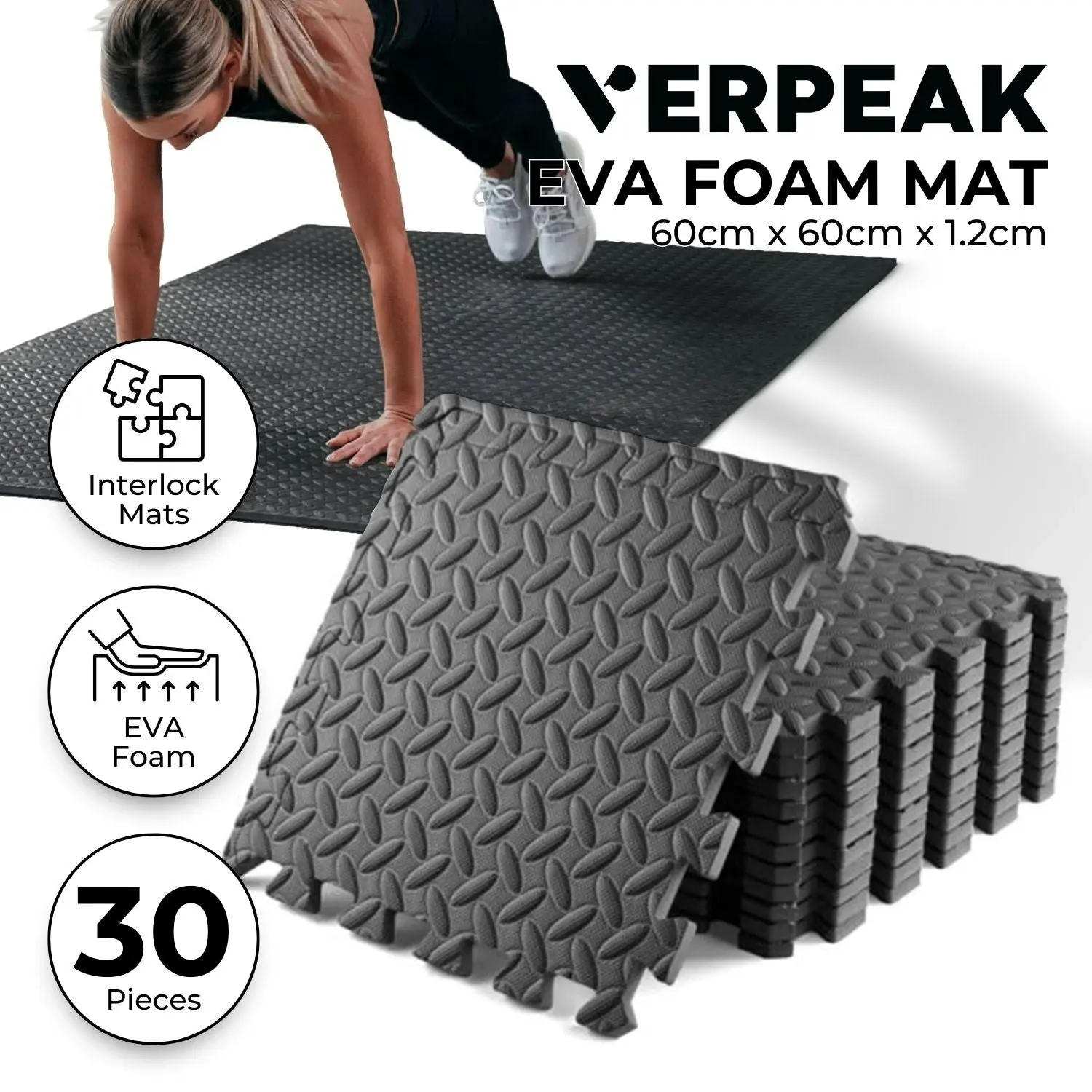 Verpeak 30 Tiles EVA Fitness Home Yoga Gym Interlocking Floor Puzzle Mat Black