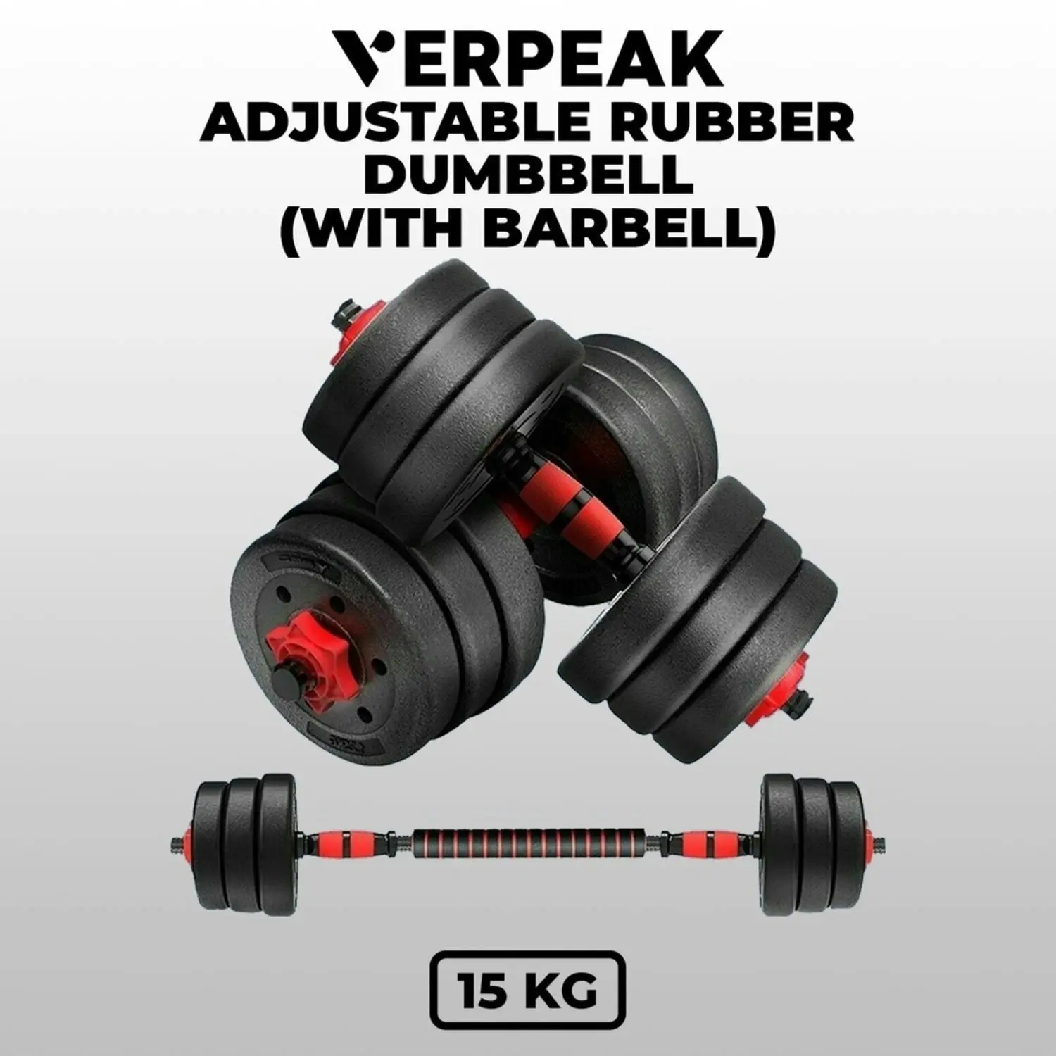 Verpeak 15kg Rubber Coated Hand Weights Set Dumbbell - Black/Red