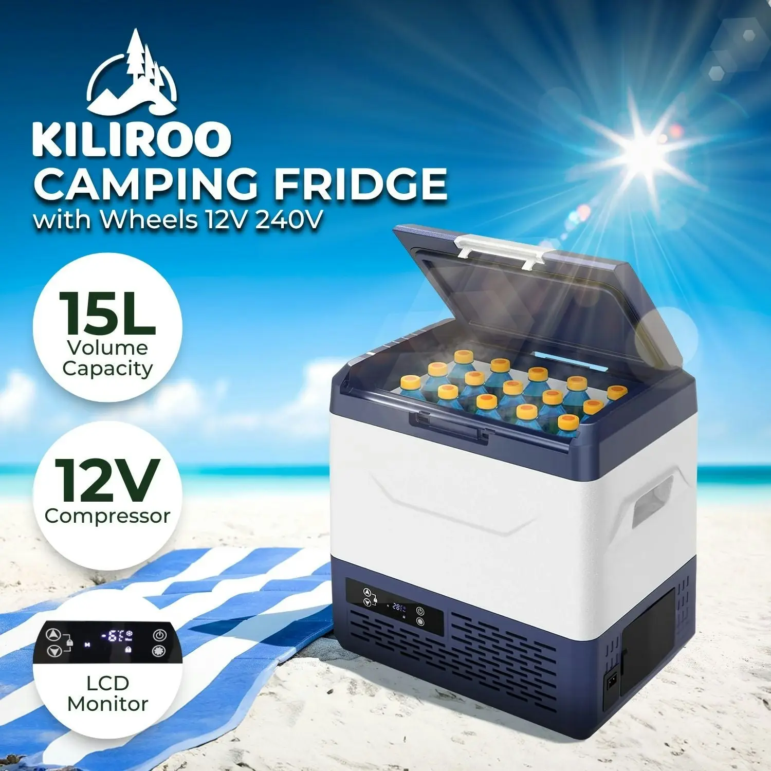 Kiliroo Portable 12V Compressor LCD Monitor 15L Camping Fridge