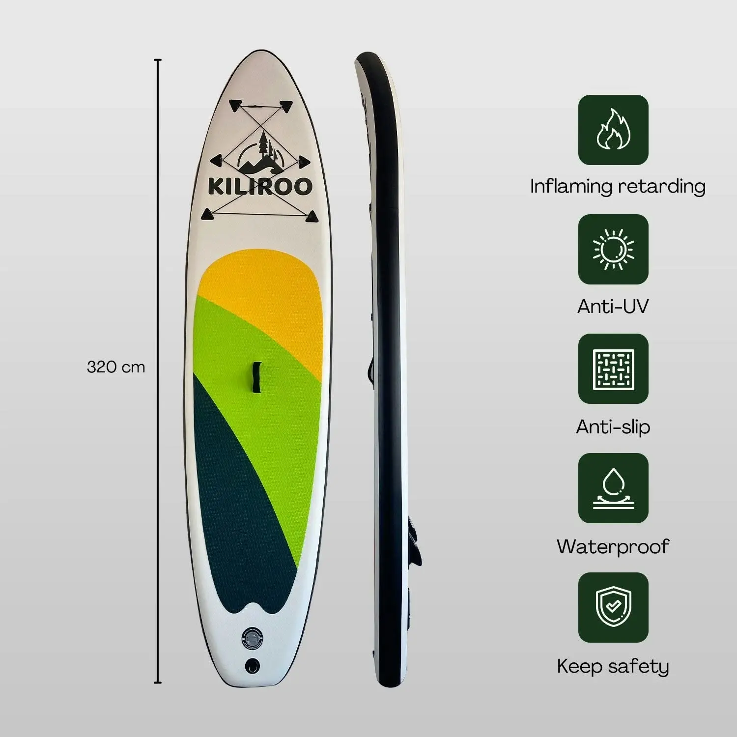 Kiliroo Inflatable Stand Up Paddle Board SUP Surfboard Yellow, Green & Black