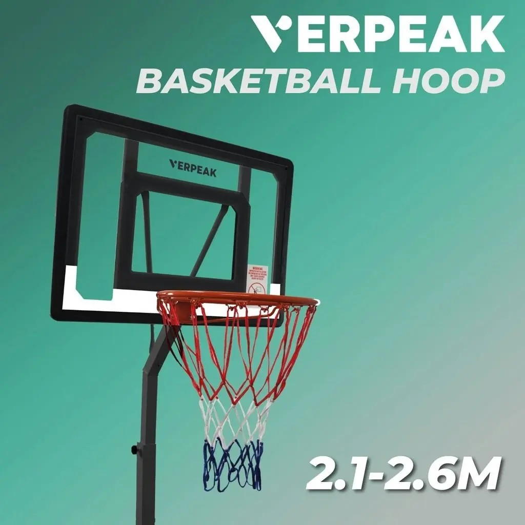 Verpeak Basketball Hoop Stand 2.1M - 2.60M Stable Shatterproof Backboard Black